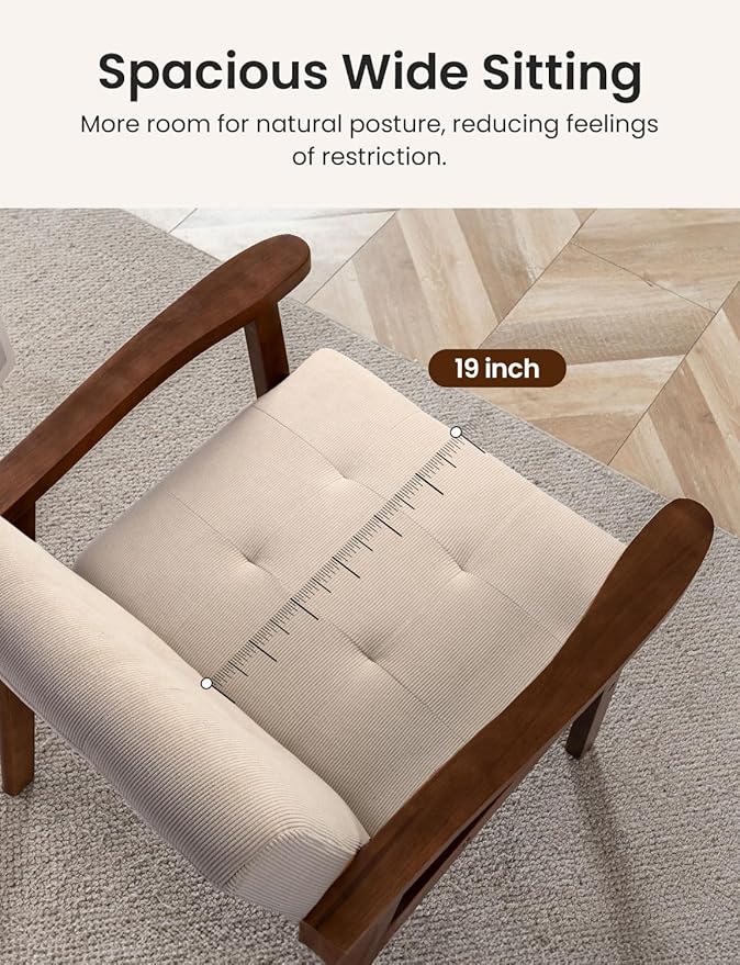 Mid Century Modern Accent Chairs for Living Room Comfy Bedroom Chairs for AdultsSmall Wide Reading Nook Arm Chair 105° Ergonomic Cozy Khaki Corduroy Armchair with Rubber Wood