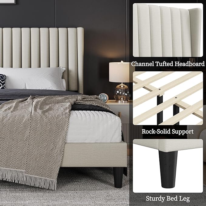 Yaheetech King Bed Frame Upholstered Platform Bed with Fabric Headboard Wing Edge Design/Non-Slip and Noise-Free/Wooden Slats Support/No Box Spring Needed/Easy Assembly Beige King Bed