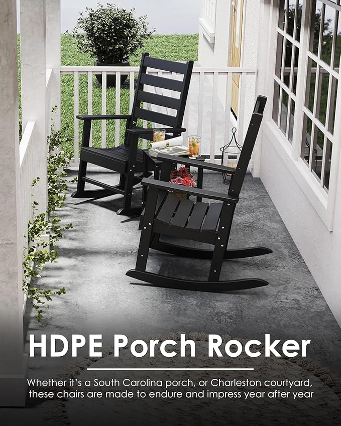 GREENVINES Outdoor-Rocking-Chair | HDPE Plastic | Patio Rockers | Porch Rocker Chairs | Shaker | Oversized | High Ladder Back | Big &amp Tall | PentaLuxe | Black