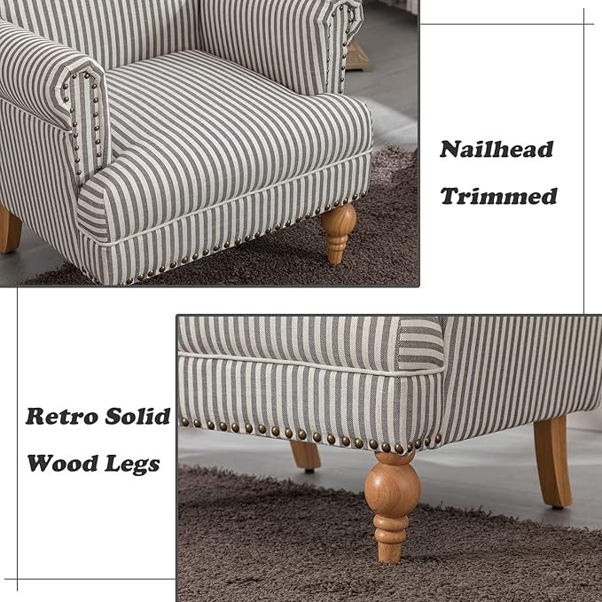 Linen Accent Chairs Set of 2 Mid-Century Modern Living Room Armchair with Nailhead Trim &amp Wood Legs Comfy Upholstered Single Sofa Chair for Lounge/Bedroom/Reception Black Stripe