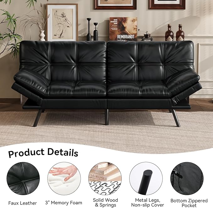 Vyfipt 71 Convertible Futon Sofa Bed3-in-1 Faux Leather Fabric Futon Couch with Memory Foam Modern Foldable Sleeper Loveseat for Small Spaces Living RoomOffice &amp ApartmentBlack