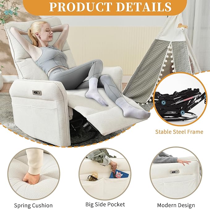 Power Swivel Rocker Recliner Chair for Nursery Upholstered Snowflake Velvet 270°Swivel Glider Rocker Chair with USB Ports Small Power Recliners for Small Spaces Living Room