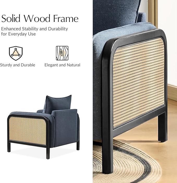 HULALA HOME Woven Rattan Armchair Modern Accent Chair with Wood Armrest and Legs for Living Room Bedroom Makeup Room Detachable Cushion &amp Upholstered Navy