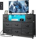 Black TV Stand for 45 50 55 inch TV TV Media Console Table with LED Lights &amp Charging Station Entertainment Center with 8 Fabric Drawers and Open Shelves for Living Room Hallway