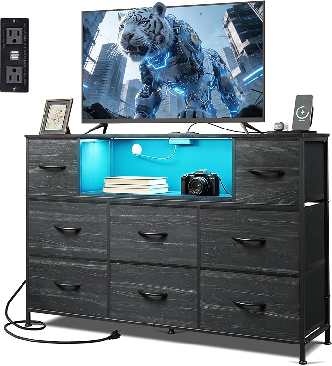 Black TV Stand for 45 50 55 inch TV TV Media Console Table with LED Lights &amp Charging Station Entertainment Center with 8 Fabric Drawers and Open Shelves for Living Room Hallway