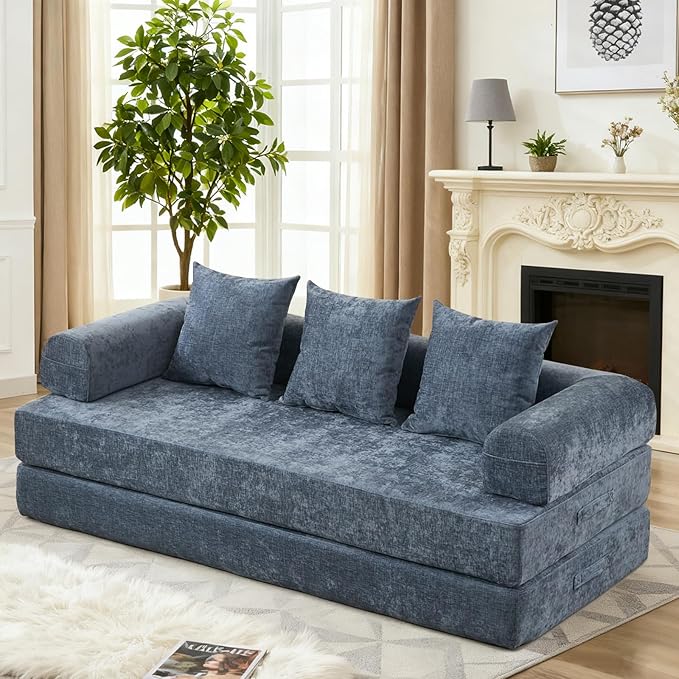 79 Inch 4-in-1 Convertible Sofa Bed Boneless Couches Chenille Folding Sleeper with Pull Out Bed Floor Futon Modular Lounge Loveseat Compressed Sofa No Assembly Required for Living Room (Blue)