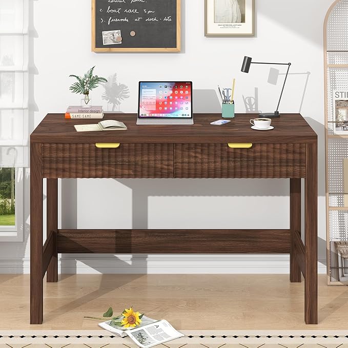 Fluted Computer Desk with 2 Drawers 39 Inch Small Computer Desk with Storage Compact Writing Study Desk for Small Spaces Walnut