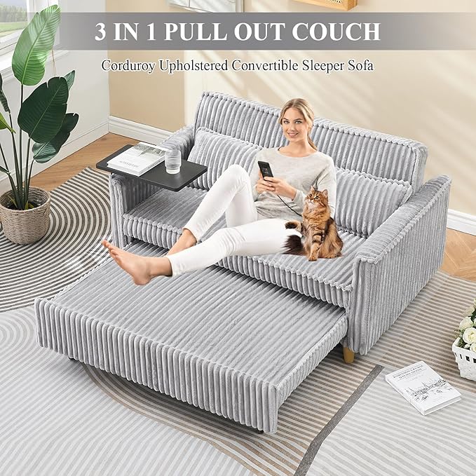 3 in 1 Pull Out CouchCorduroy Upholstered Convertible Sleeper Sofa Bed with Movable Side Table Modern Multifunctional Sofa with USB Port Cushioned Couch for Living Room (Gray)