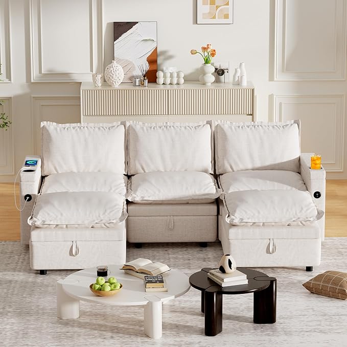 Middle Module for Modular Sectional Sofa Convertible Sectional Sofa Couch with Storage Sing Seat Accent Armless Chair DIY Combination Beige Chenille