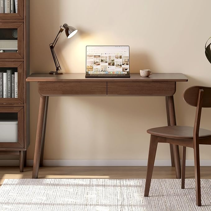 YESWOOD 100% Solid Wood Desk with Drawers Walnut Color Office Desk Mid Century Modern Writing Desk for Study Bedroom Living Room 47.24 W