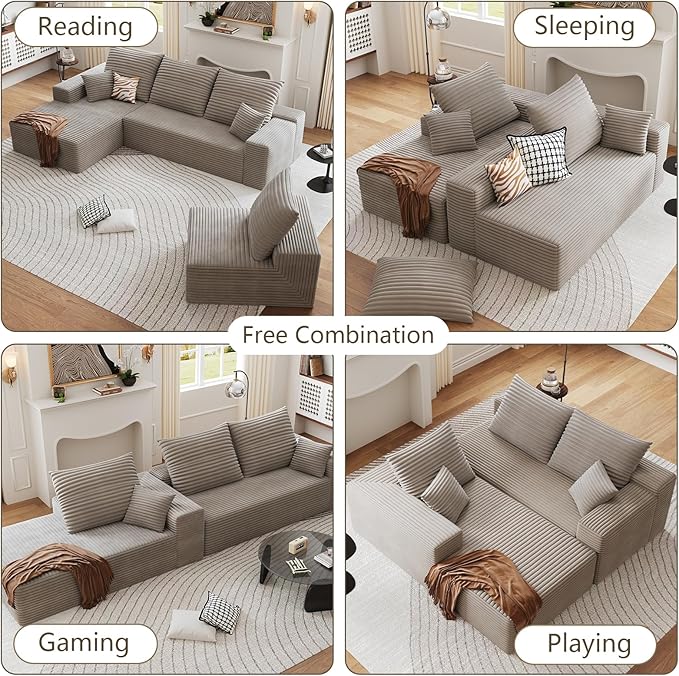 135.4 Cloud Sectional Couch with L-Shape Chaise Modern Modular 4-Seater Sofa with Deep Seat Corduroy Upholstered Couches for Living Room Bedroom No Assembly Required(Camel Left Facing)