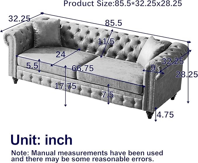 KEIKI Chesterfield Sofa Retro Tech Fabric 3 Seater Upholstered Couch with Rolled Arm for Living Room Bedroom Office Grey
