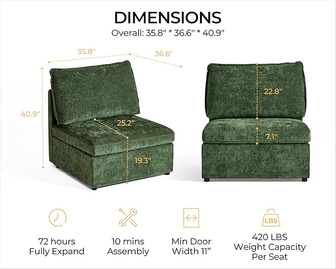 Single Seat Module for Olar Oversized Modular Sectional Sofa Extra Deep and Wide Cloud Chair Cushion Covers Removable Freely Combined with Other Modules by U-connectors Chenille Green