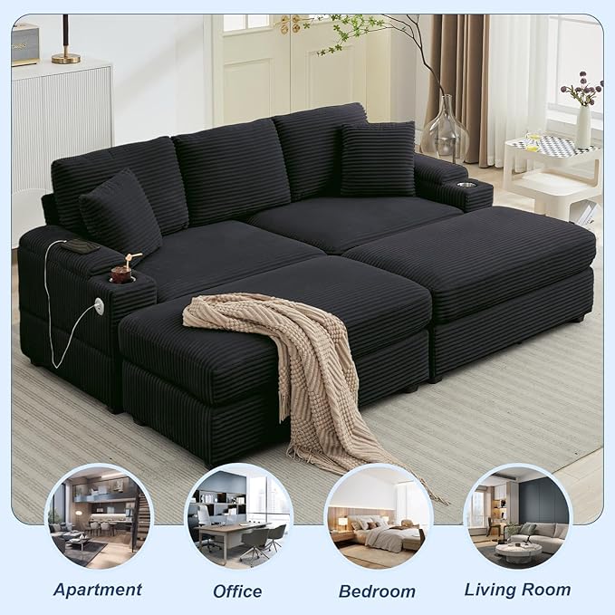 86.6 Sectional Sofa Couch with 2 Ottomans Comfy Corduroy Upholstered Cloud Modular Convertible Couch with Cup Holders and USB Armrest Storage Deep Seat Oversized Loveseat for Living Room Black
