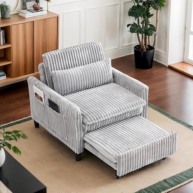 Modern Corduroy Fabric Sofa Bed Futon3 in 1 Convertible Pullout Bed Sleeper Couches with 3 Reclining BackrestsSmall Sofa Chair Bed for Living Room Bedroom (Light Grey)