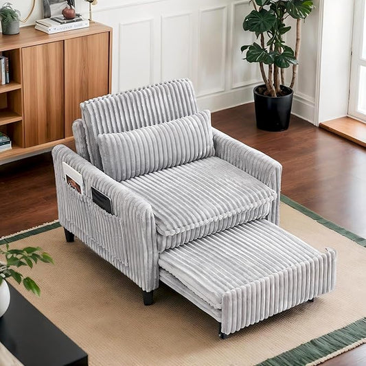 Modern Corduroy Fabric Sofa Bed Futon3 in 1 Convertible Pullout Bed Sleeper Couches with 3 Reclining BackrestsSmall Sofa Chair Bed for Living Room Bedroom (Light Grey)