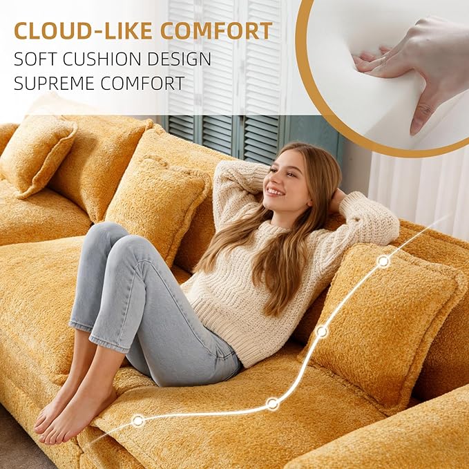 GNIXUU 112 Oversized Sectional Sofa Cloud Couch for Living Room Modern Chenille L Shaped Couch Comfy Boucle Modular Sofa Sleeper with Moveable Ottoman &amp Memory Foam(Musterd Yellow)
