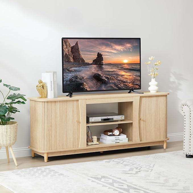 TV Stand Fluted Media Console Table with Storage and Sliding Door Farmhouse Entertainment Center for Living Room Home Office (Natural-No Fireplace)