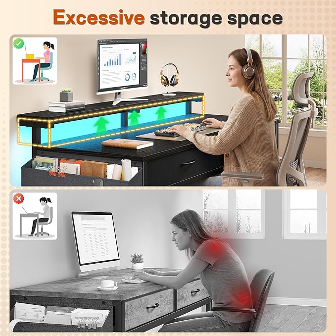 47.3Inch Gaming Desk with LED Lights with 2 Drawers Home Office Desk Computer Desk with Side Pocket &amp Ergonomic Monitor Stand Small Space Study Writing Table with Anti-Tip DesignBlack