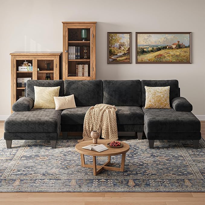 Sectional Couches for Living Room | 112 Inch U-Shaped Sectional Couch | 4 Seat Sofa Set with Double Chaise for Apartment | Black Chenille