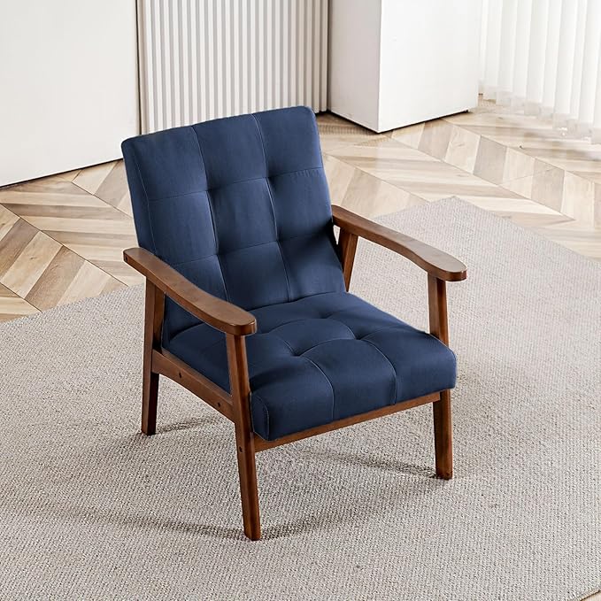 Mid Century Modern Accent Chairs for Living Room Comfy Bedroom Chairs for AdultsSmall Wide Reading Nook Arm Chair 105° Ergonomic Cozy Blue Linen Armchair with Rubber Wood