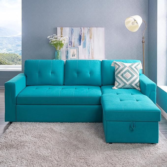 Naomi Home Teal Velvet Sectional Sleeper Sofa with Storage Reversible L-Shaped Pull-Out Couch 72x32x32 inches Jenny
