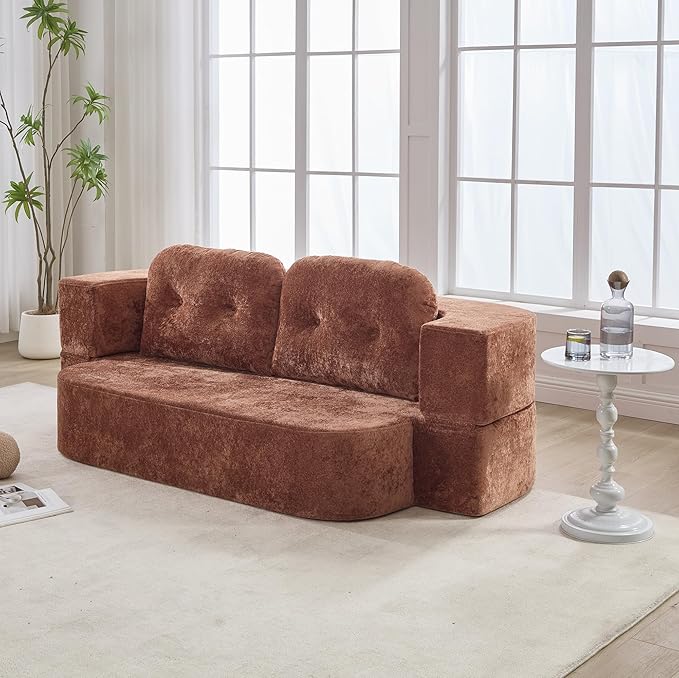 Hommoo Compression Sofa Convertible Sofa Bed Folding Sleeper Futon with Back Armrest 2 in 1 Floor Lounge Couch Chenille Fabric Foldable Mattress Couch for Living Room/Guest Room/Apartment Orange