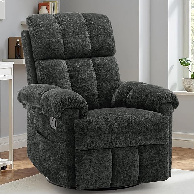 Recliner Chair Swivel Rocker Recliner Chair for Adults Small Recliners for Small Spaces Upholstered Manual Recliner with Side Pockets Nursery Rocking Chair for Living Room Chenille Black