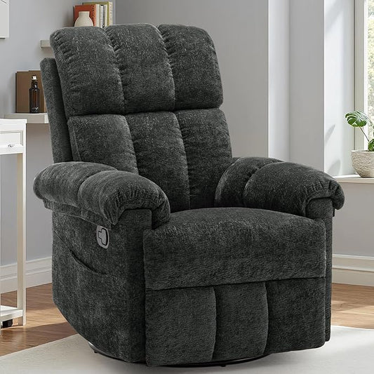 Recliner Chair Swivel Rocker Recliner Chair for Adults Small Recliners for Small Spaces Upholstered Manual Recliner with Side Pockets Nursery Rocking Chair for Living Room Chenille Black