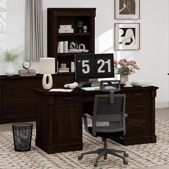 blini Large Farmhouse Executive Desk with DrawersWood Computer DeskEmbossed Texture Home Office Desk with File Cabinet Storage Cable Management Keyboard TrayWorking Table for Work Study Writing