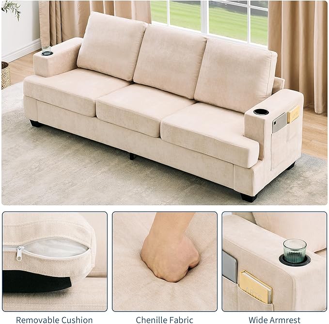 GarveeHome Modern 89 in 3-Seater Sofa for Living Room Comfy Couches with Deep Seat Chenille Couch with Cup Holders and Side Storage Pockets for Apartment Lounge Beige