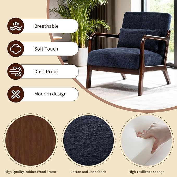 Mid Century Modern Accent ChairComfy Fabric Reading Chair with Retro Solid Wood Frame &amp High Back Upholstered Lounge Arm Side Chair for Living Room Bedroom Balcony (Antique Blue)
