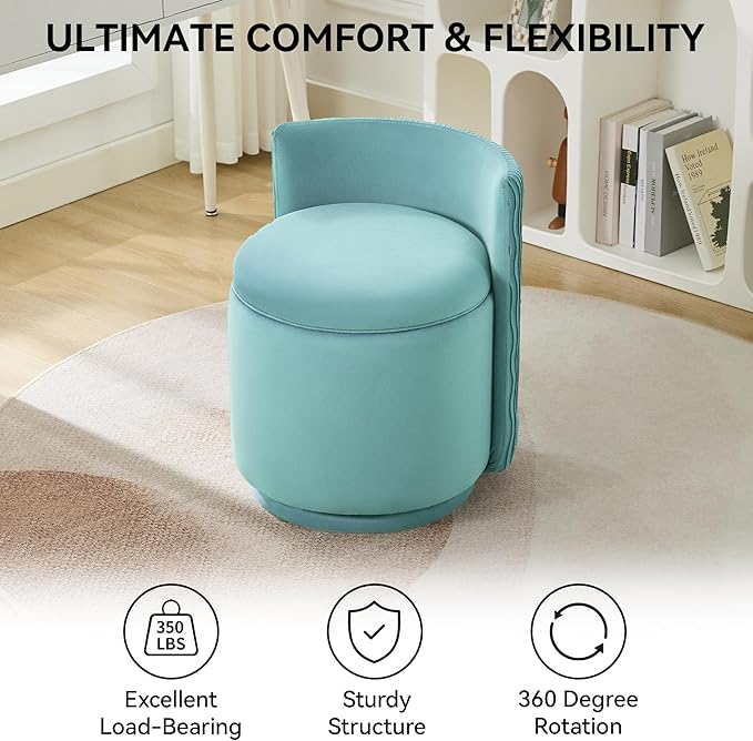 Velvet Vanity Chair with Storage 360° Swivel Makeup Chair with Wave Back No Assembly Small Accent Stool for Bedroom Dressing Living Room Teal