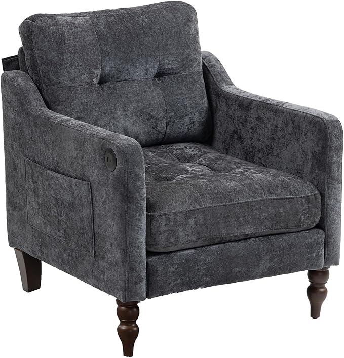 Accent Chair for Living Room Mid-Century Armchairs for Small Spaces Chenille Upholstered Comfy Reading Armchair with Studded for Bedroom (Dark Grey-B)