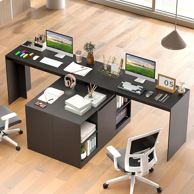 Giantex 48 Reversible L-Shaped Computer Desk Modern Corner Computer Workstation with 2 Doors &amp 4 Open Storage Cubes Large Executive Desk for Home Office White/Black (Black)