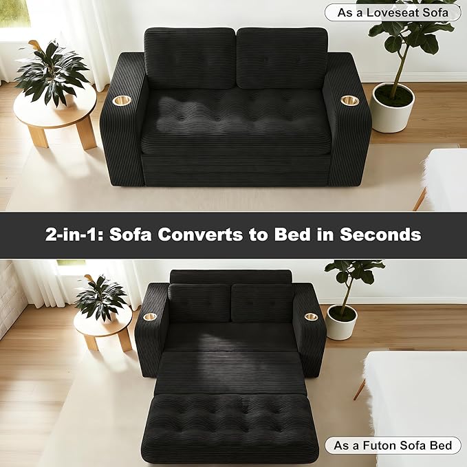 55 Futon Sofa Bed 4‑in‑1 Convertible Sofa Bed Folding Boneless Couches for Living Room Fold Out Small Foldable Loveseat Floor Sleeper Comfy Mattress Lounge Space‑Saving Black