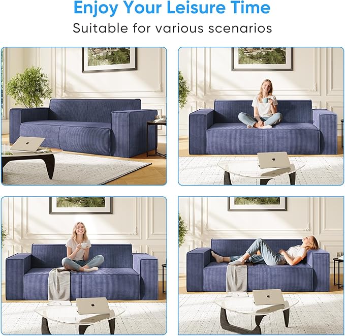 PUREMIND 3 Seater Sofa in a Box 76 Modern Corduroy Sofa Couch with Widen Armrest No Installation Comfy Deep Seat Couches for Living Room Apartment Blue