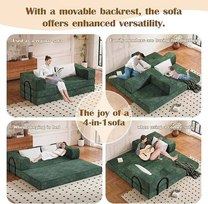 80 Convertible Folding Sofa Bed 4-in-1 DIY Combination Fold Out Sleeper Sofa Bed King Size Loveseat sleeper Couch w/ Removable Armrests Chenille Floor Couch Small couches for small spaces (Green)