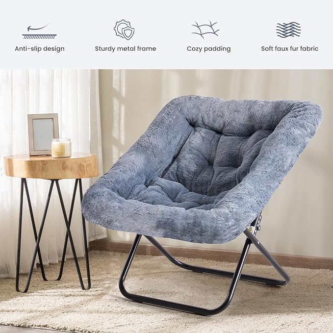 Foldable Saucer Chair with Soft Faux Fur Multi-Scene Lounge Chair for Living Room Bedroom Reading Chair for Adults &amp KidsMoon Chair (Gray)