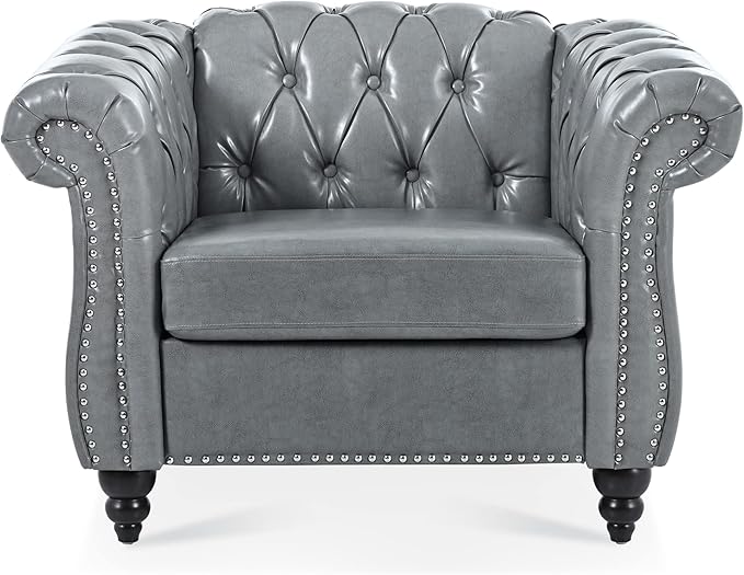 GDFStudio 39 Tufted Button Chesterfield Sofa with Deep Seat Cushions Rolled Arms &amp Gold Accent Strip 1-Seater Midcentury Modern Sofa for Living Room Classic Couch Furniture Gray + PU
