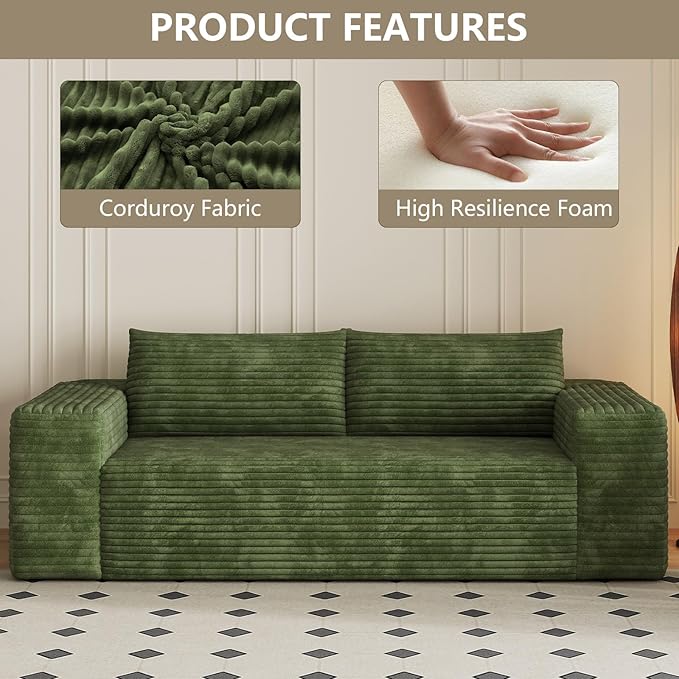 78.8 Loveseat Sofa Boneless Loveseats for Living Room Apartment Size Couch No Assembly Required Corduroy Love Seat for Small Spaces Bedroom Apartment Office Green
