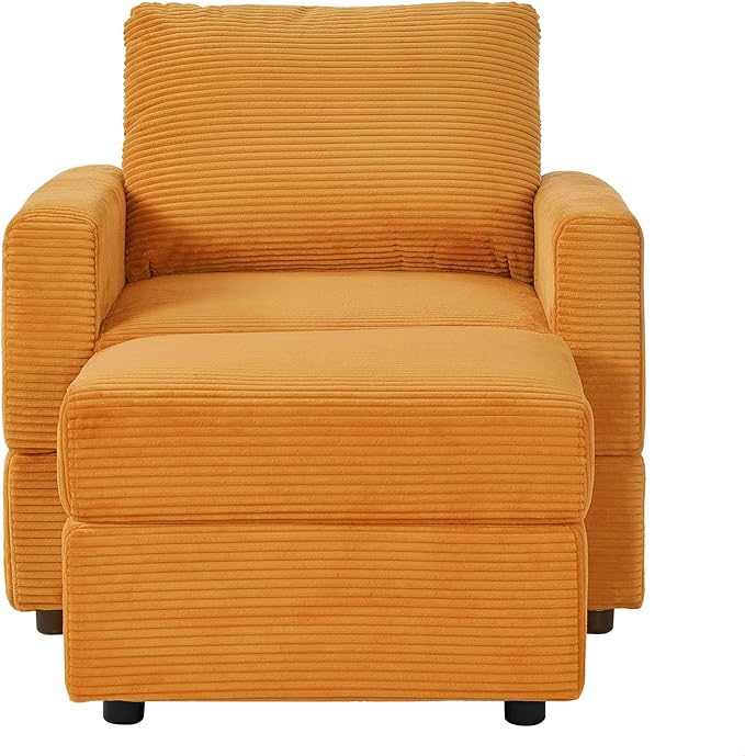 GDFStudio 32 Single Seat Sofa Couch Corduroy Comfy Deep Seat Sofa Sleeper Sofa Bed Chaise Couch Chair with Ottoman Removable Footrest Oversized Armchair for Living Room Orange