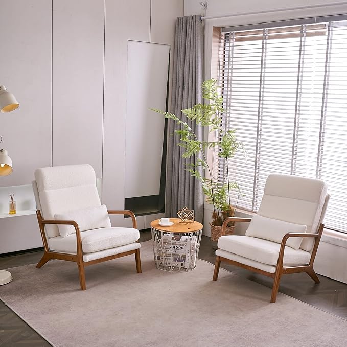 Karl home Accent Chair Mid-Century Modern Chair with Pillow High Back Teddy Fleece Upholstered Lounge Arm Chair with Solid Wood Frame &amp Soft Cushion for Living Room Bedroom Balcony White
