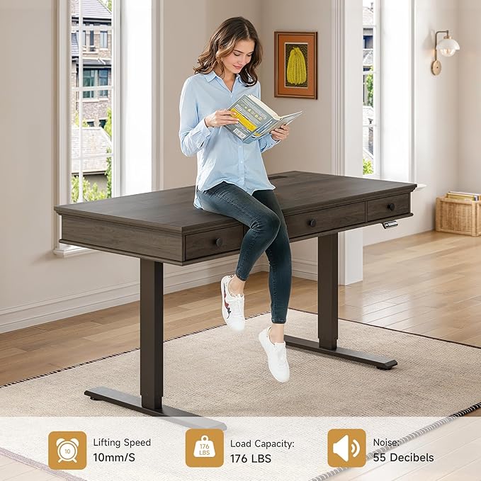 ONBRILL Standing Desk with Drawers 55 x 23 Inch Electric Height Adjustable Desk with Storage &amp Outlets for Computer Workstation Home Office Retro Curved Table Corner Design Black Walnut