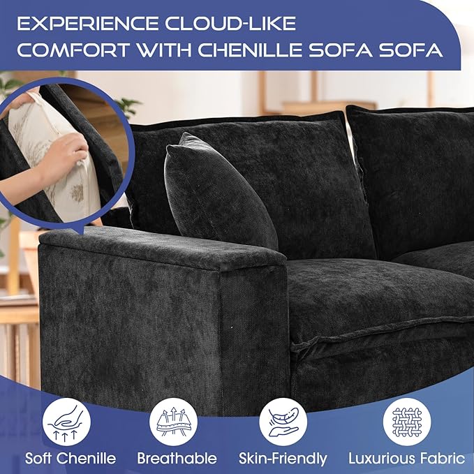 97 5 Seater L Shaped Couch Corner Sofa Oversized Cloud Couch with 2 Pillows Chenille Modular Sectional Sofa Armrests with Two Hidden Storage Space Sectional Couches for Living Room Black