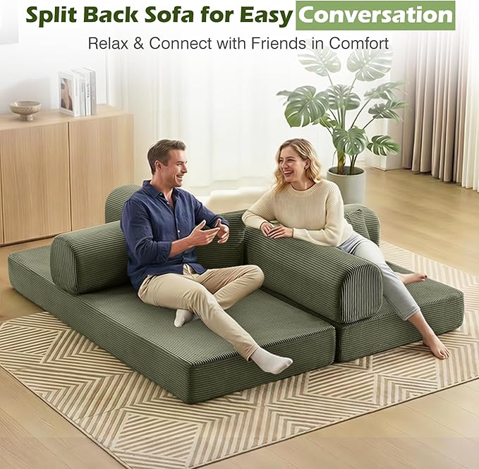 Sofa Bed 79 Convertible Sleeper Sofa with Pull Out Bed 5-in-1 Folding Corduroy Futon Couch Modular Loveseat Sofa Bed for Living Room Bedroom &amp Apartment Green