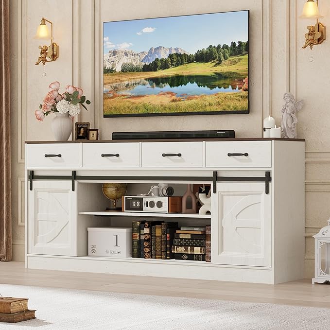 St.Mandyu 70 Large Farmhouse TV Stand for 85/80/75/70 Inch TVs w/4 DrawersRustic Tall Media Console w/Sliding Barn Door Adjustable ShelvesTall Entertainment Center for Living RoomWhite
