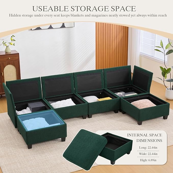 113.39 Modular Sectional Sofa 6 Seaters Sectional Sleeper Sofa U Shaped Couch Comfy Convertible Couches with Ottomans Oversized Modular Sofa with Large Storage for Living Room (Emerald)
