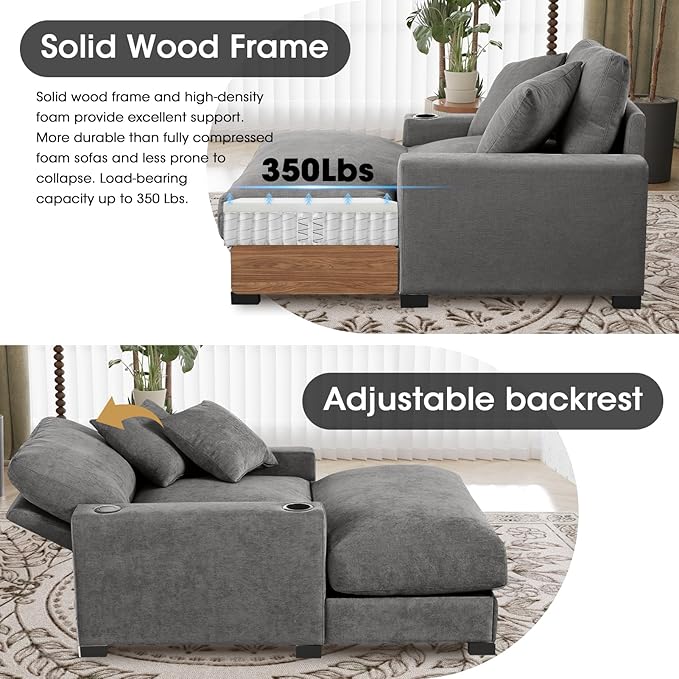 41 Inches Chaise Lounge Indoor Comfy Reading Chair with 2 PillowsUSB Charger Cup Holder Adjustable Backrest Sofa Bed Lazy Chair Sleeper Couch for Apartment Grey Polyester