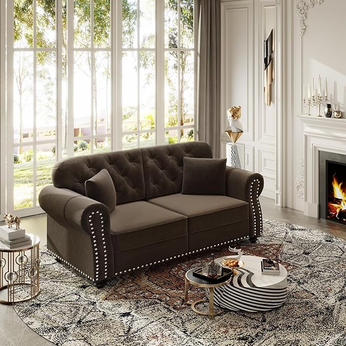 63 Deep Seat Chesterfield Loveseat Mid-Century Modern Velvet Couch with Nailhead Trim Rolled Arm and Pillows Comfy Tufted Upholstered 2 Seater Love Seat Couches for Living Room Bedroom (Brown)